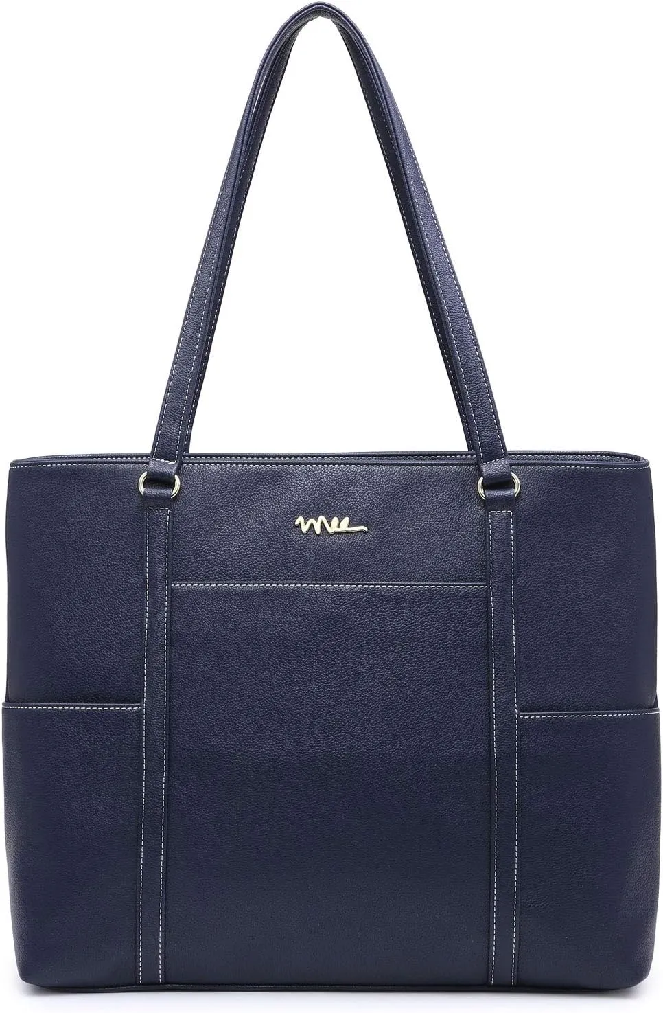 Classic Laptop Leather Tote Bag for 15 15.6 inch Notebook Computers Travel Carrying Bag with Smart Trolley Strap Design - Navy
