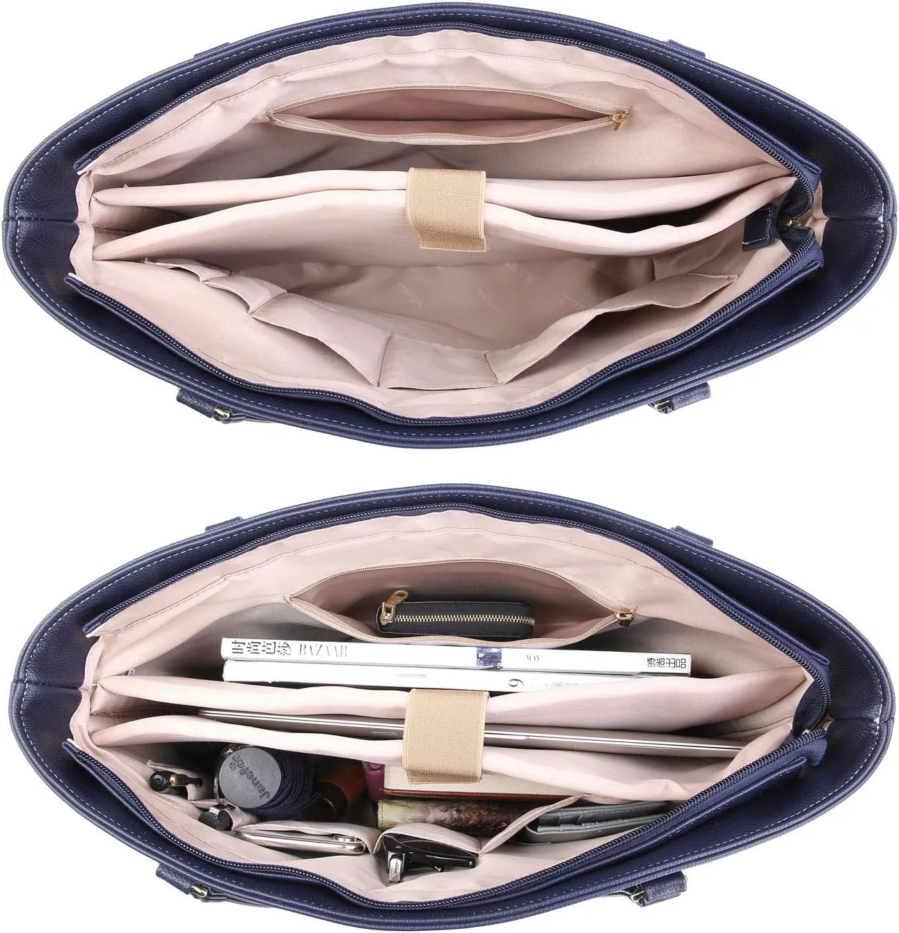 Classic Laptop Leather Tote Bag for 15 15.6 inch Notebook Computers Travel Carrying Bag with Smart Trolley Strap Design - Navy