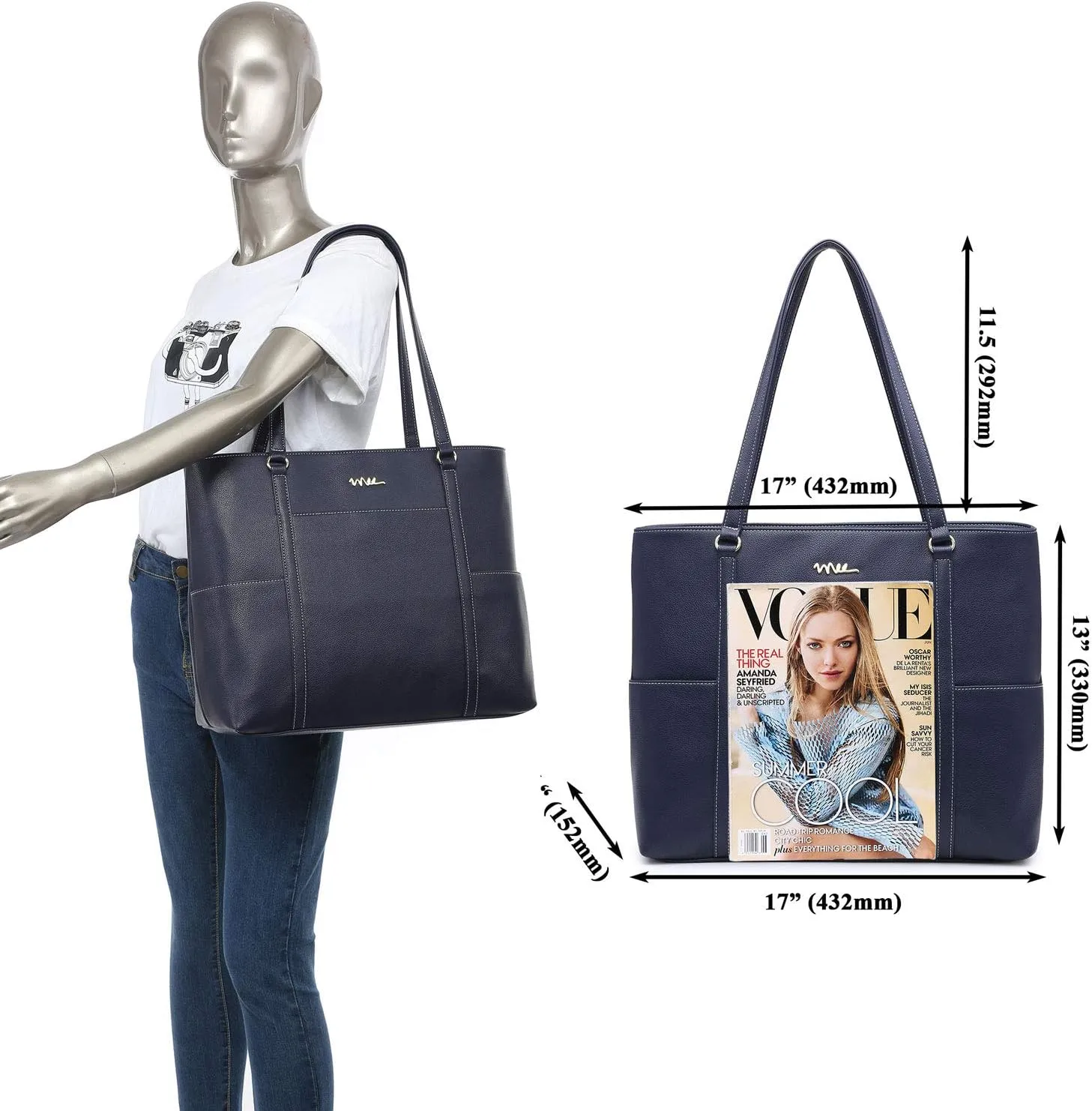 Classic Laptop Leather Tote Bag for 15 15.6 inch Notebook Computers Travel Carrying Bag with Smart Trolley Strap Design - Navy