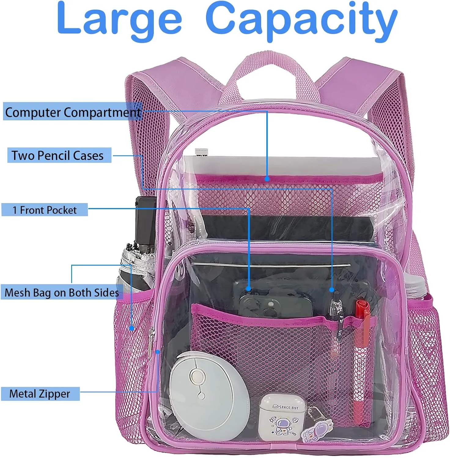 Clear Backpack Heavy Duty Pvc Bookbag for School - See Through Transparent Stadium Approved Backpacks for Women Concert Sport Venues Work Travel,Pink