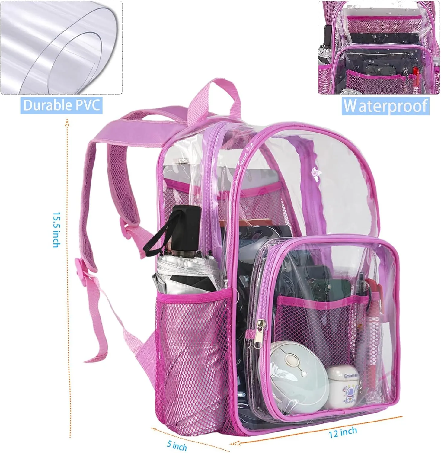 Clear Backpack Heavy Duty Pvc Bookbag for School - See Through Transparent Stadium Approved Backpacks for Women Concert Sport Venues Work Travel,Pink