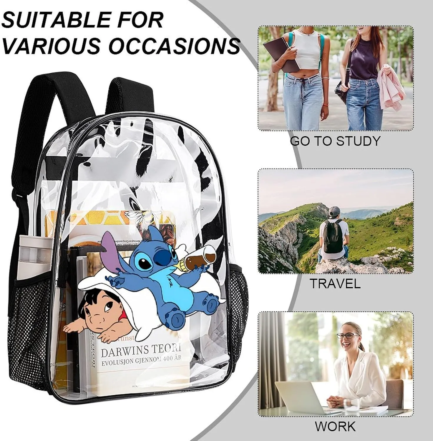 Clear Backpack Heavy Duty PVC Transparent Cartoon Backpack 17" Large Capacity See Through Bag for Work