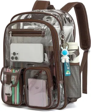 Clear Backpack Heavy Duty Transparent Backpacks Stadium Approved for School Work Sport Travel (Coffee)
