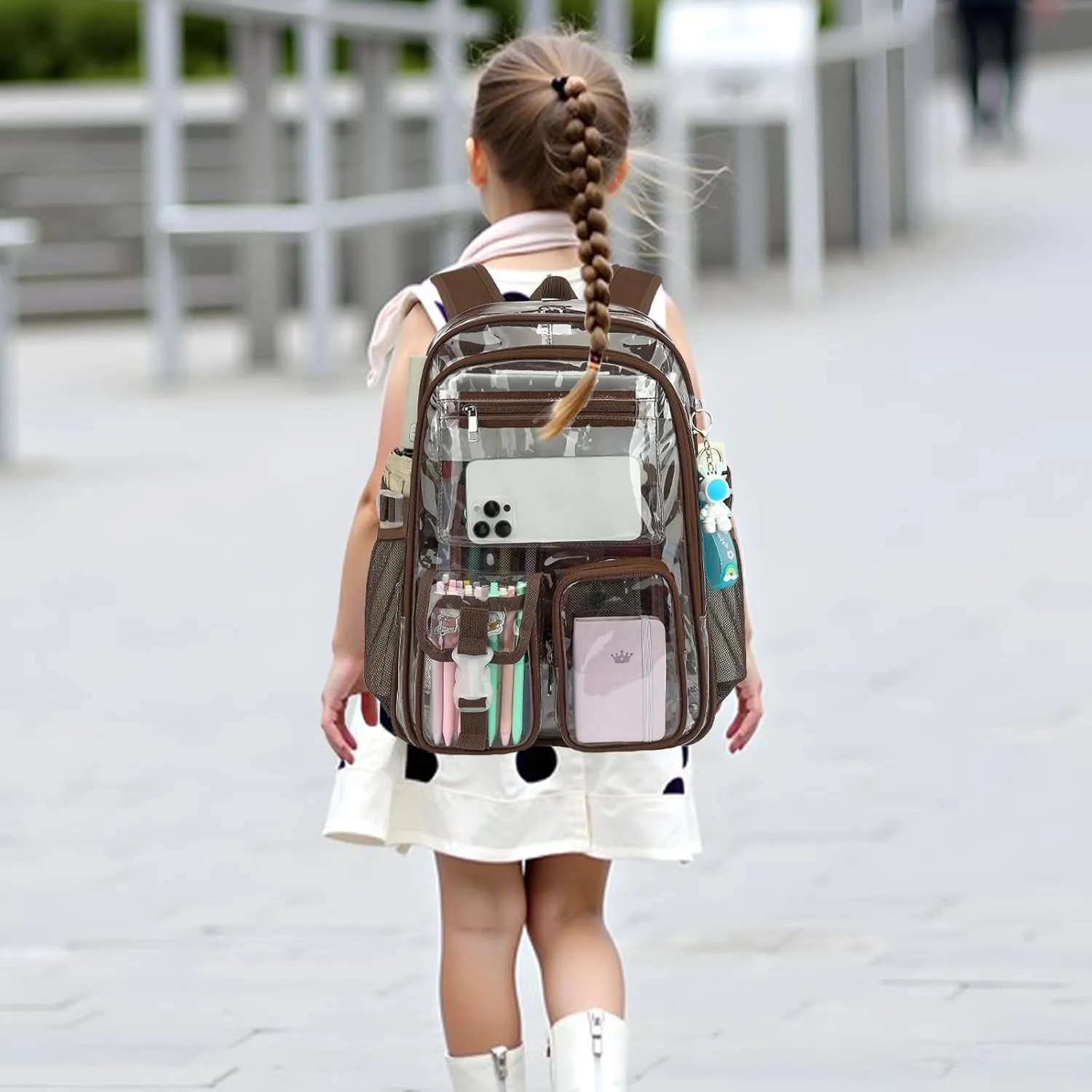 Clear Backpack Heavy Duty Transparent Backpacks Stadium Approved for School Work Sport Travel (Coffee)