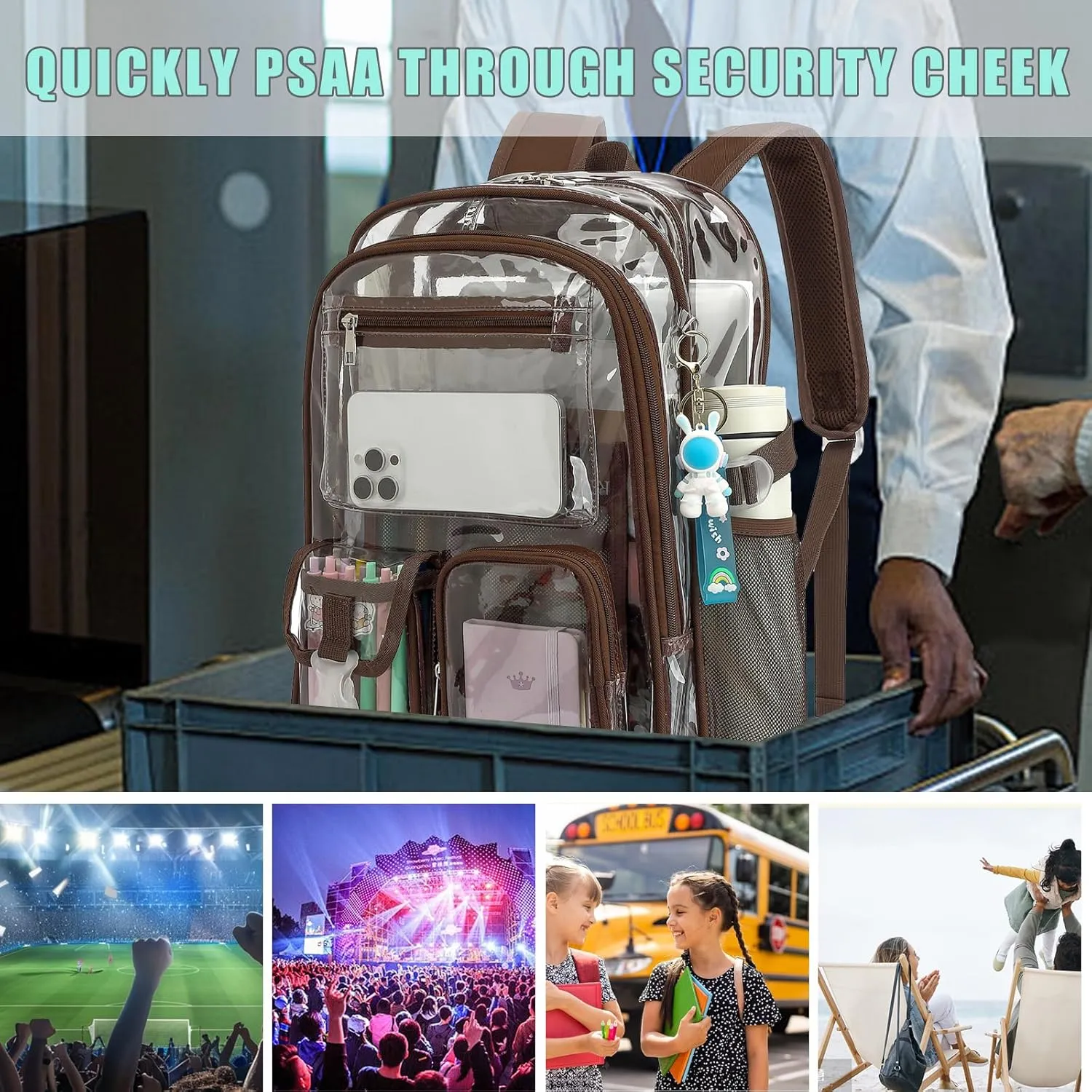 Clear Backpack Heavy Duty Transparent Backpacks Stadium Approved for School Work Sport Travel (Coffee)