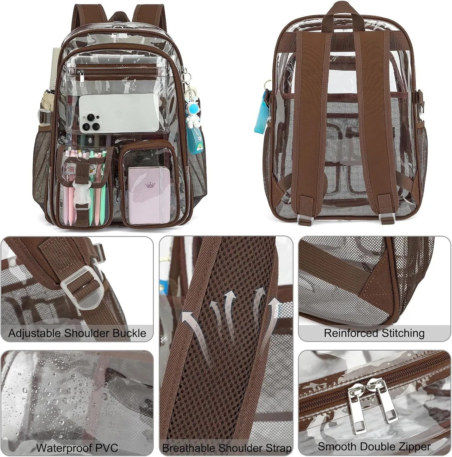 Clear Backpack Heavy Duty Transparent Backpacks Stadium Approved for School Work Sport Travel (Coffee)