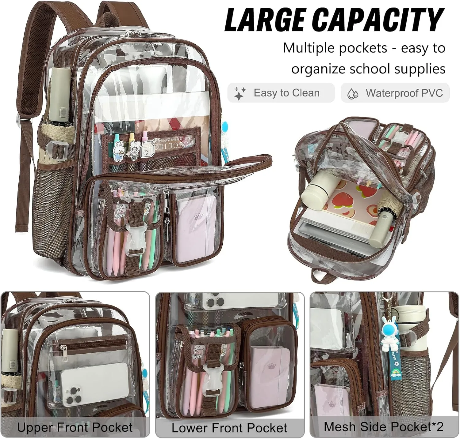 Clear Backpack Heavy Duty Transparent Backpacks Stadium Approved for School Work Sport Travel (Coffee)