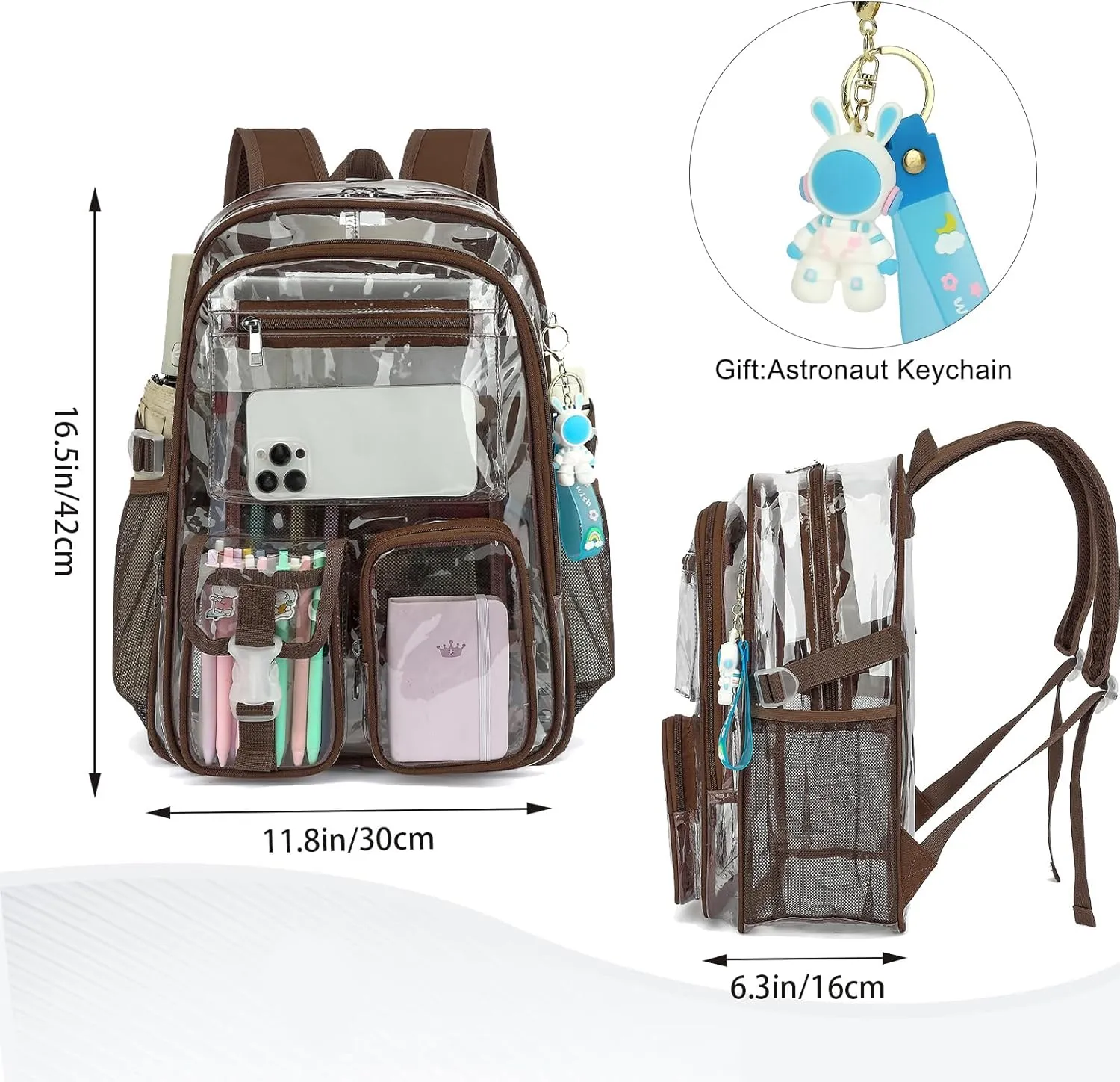 Clear Backpack Heavy Duty Transparent Backpacks Stadium Approved for School Work Sport Travel (Coffee)
