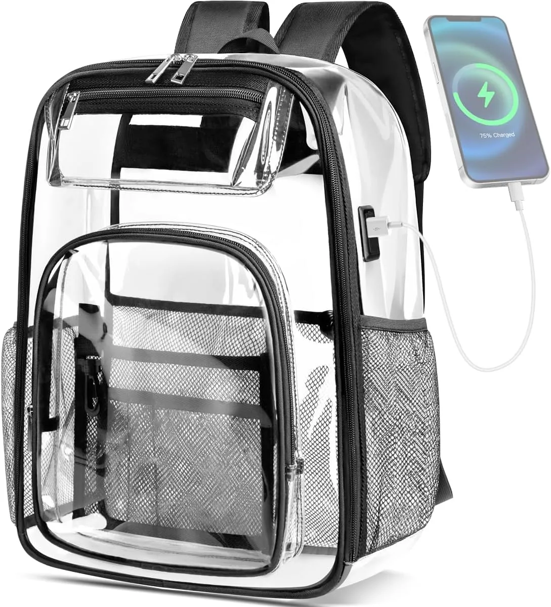 Clear Backpack Transparent Backpacks with USB Charging Port for 15.6'' Laptop Large Heavy Duty PVC School Bookbag Stadium Approved See Through Backpack for Women Men Kids Travel Work Security College