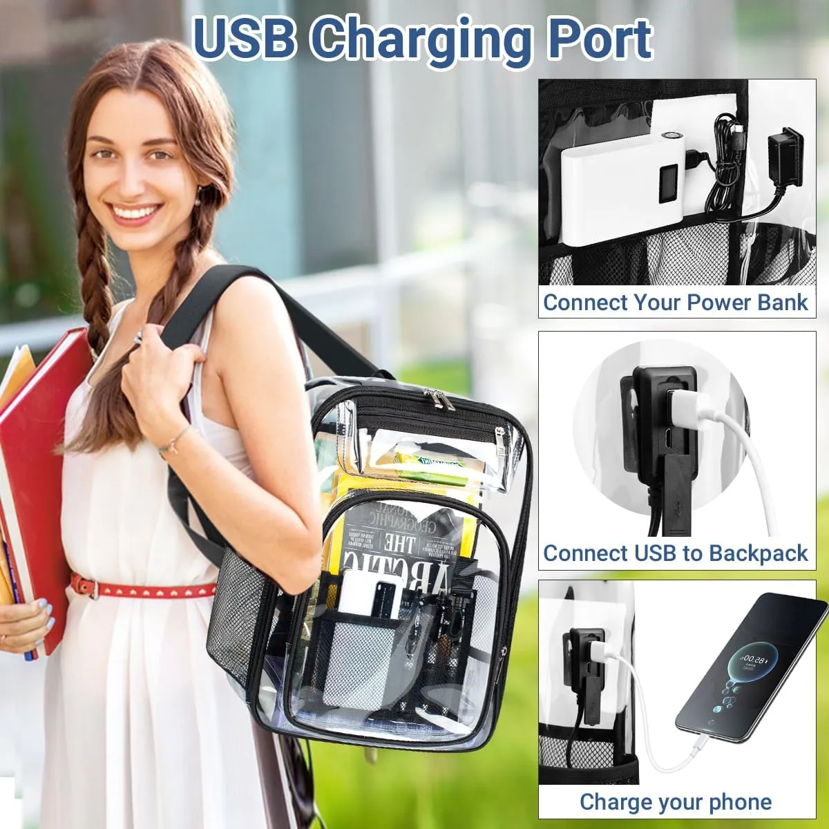 Clear Backpack Transparent Backpacks with USB Charging Port for 15.6'' Laptop Large Heavy Duty PVC School Bookbag Stadium Approved See Through Backpack for Women Men Kids Travel Work Security College