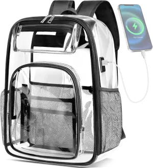 Clear Backpack Transparent Backpacks with USB Charging Port for 15.6'' Laptop Large Heavy Duty PVC School Bookbag Stadium Approved See Through Backpack for Women Men Kids Travel Work Security College