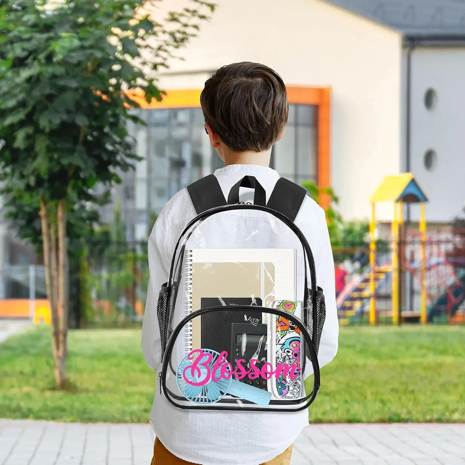 Clear Bookbag Personalized Name Transparent Black Backpack, Custom See Through Travel Sport Waterproof Plastic Back Pack PVC with Reinforced Strap