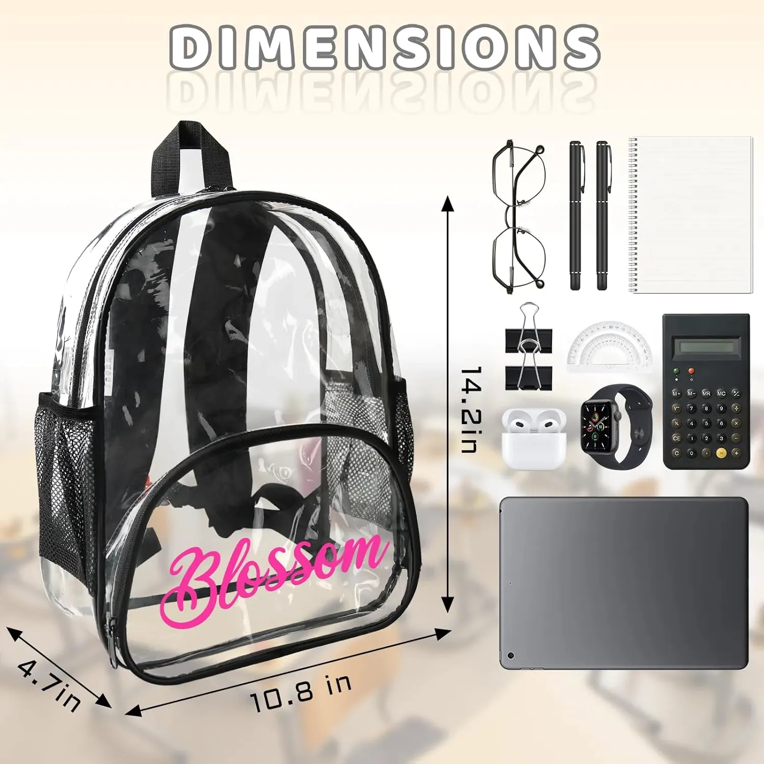 Clear Bookbag Personalized Name Transparent Black Backpack, Custom See Through Travel Sport Waterproof Plastic Back Pack PVC with Reinforced Strap