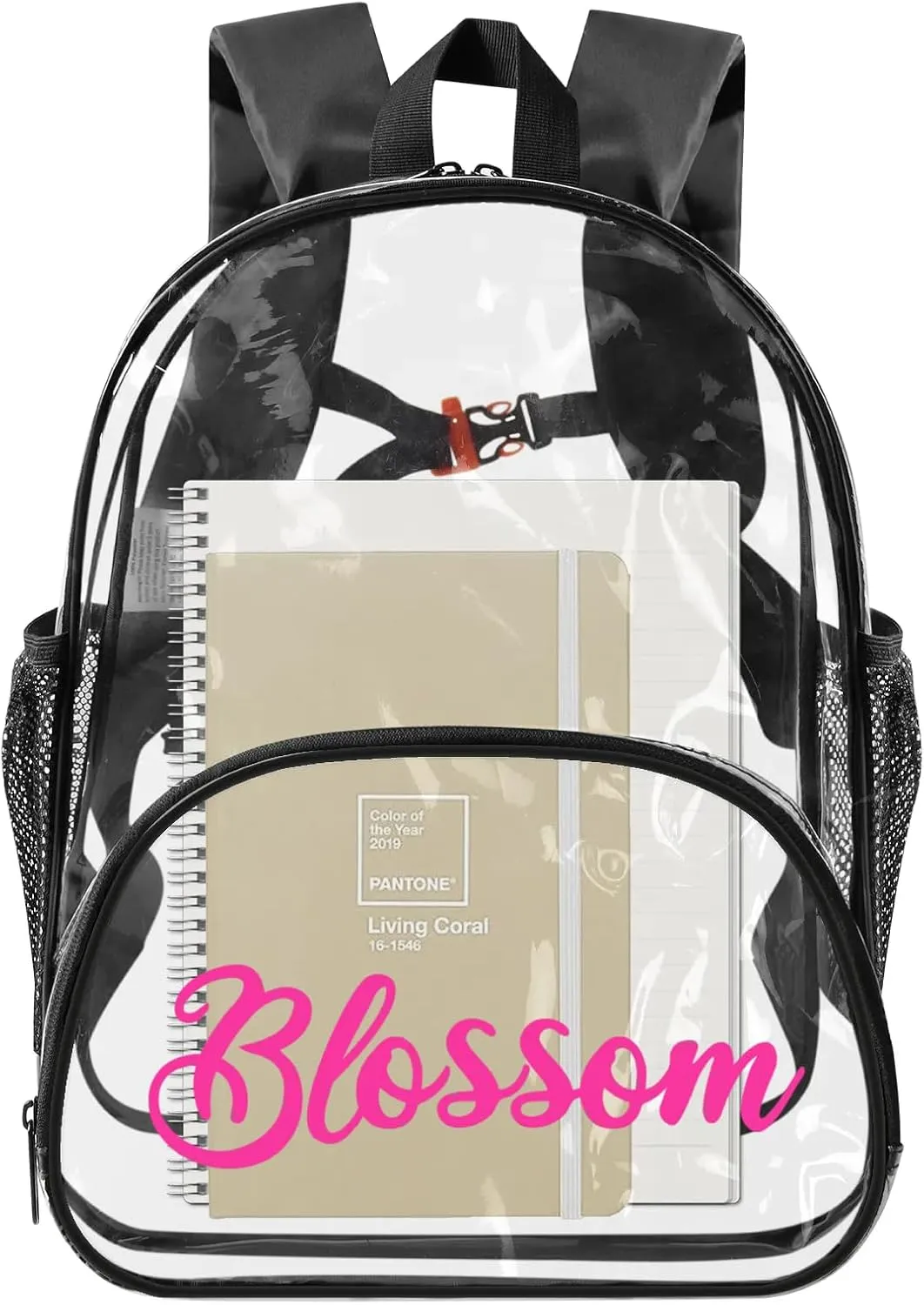 Clear Bookbag Personalized Name Transparent Black Backpack, Custom See Through Travel Sport Waterproof Plastic Back Pack PVC with Reinforced Strap