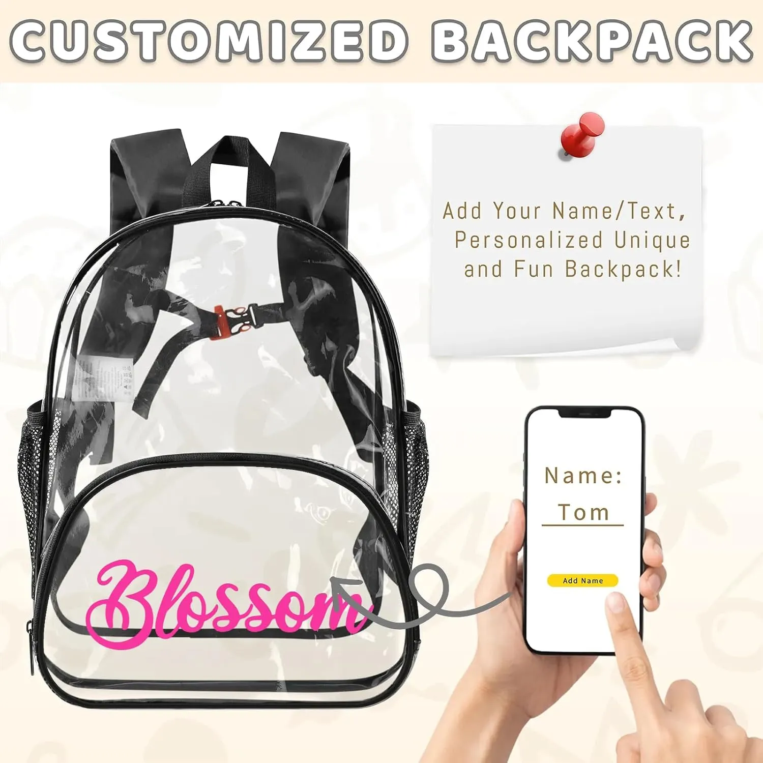Clear Bookbag Personalized Name Transparent Black Backpack, Custom See Through Travel Sport Waterproof Plastic Back Pack PVC with Reinforced Strap