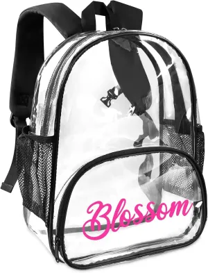 Clear Bookbag Personalized Name Transparent Black Backpack, Custom See Through Travel Sport Waterproof Plastic Back Pack PVC with Reinforced Strap