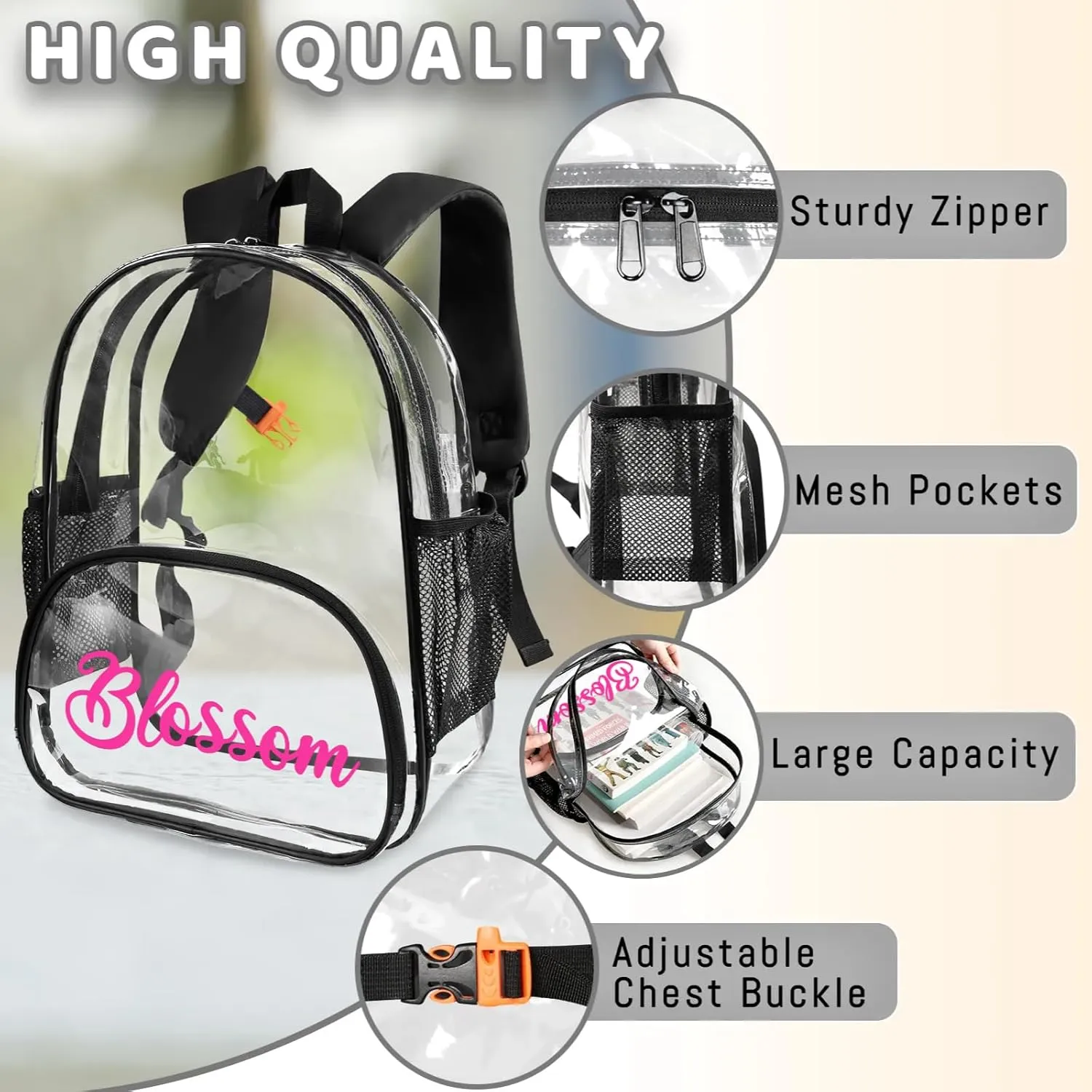 Clear Bookbag Personalized Name Transparent Black Backpack, Custom See Through Travel Sport Waterproof Plastic Back Pack PVC with Reinforced Strap