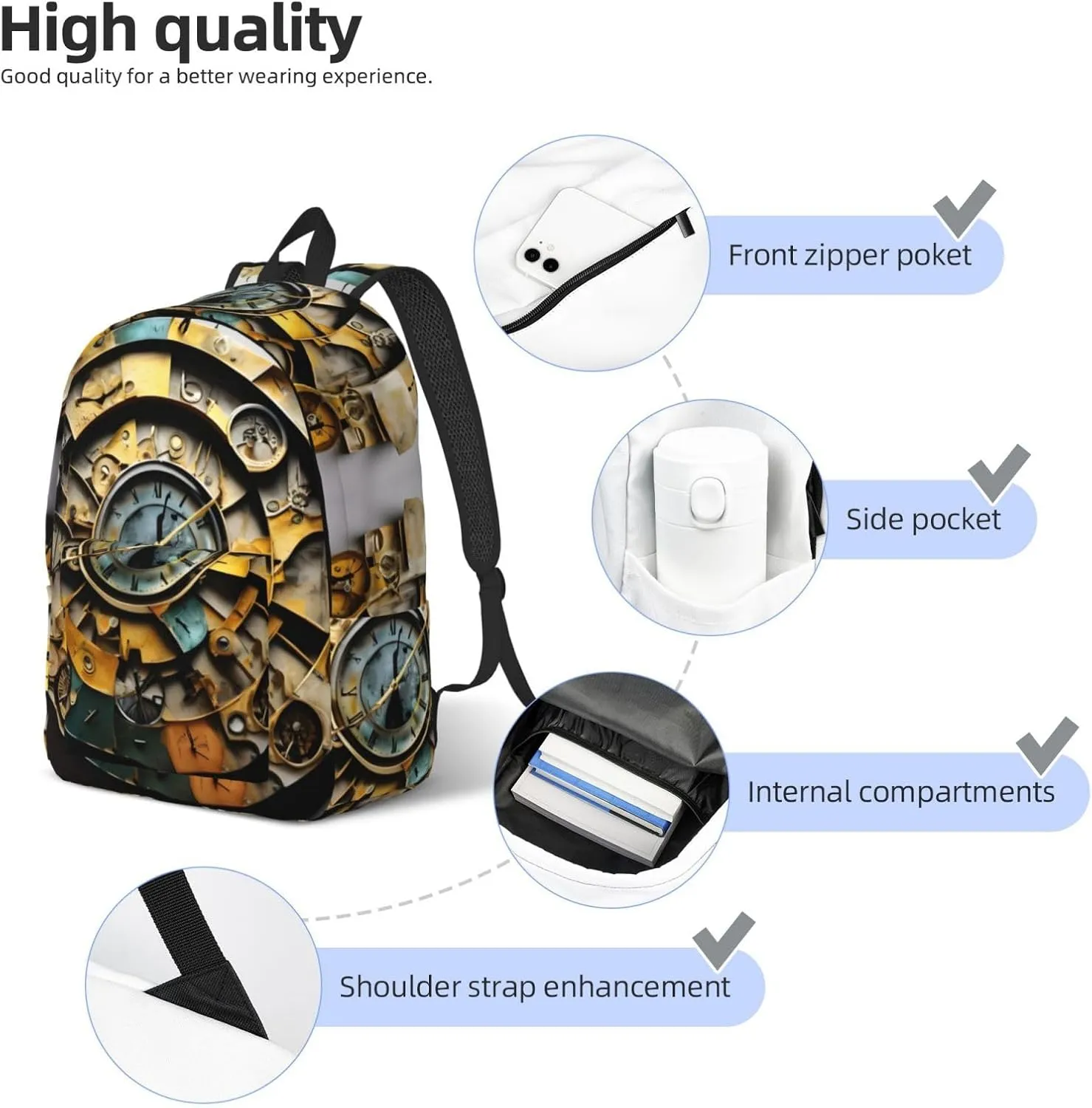 Clock Art print Hiking Backpack Casual Daypack Outdoor Travel Backpacks Bookbag for Men Women Adult