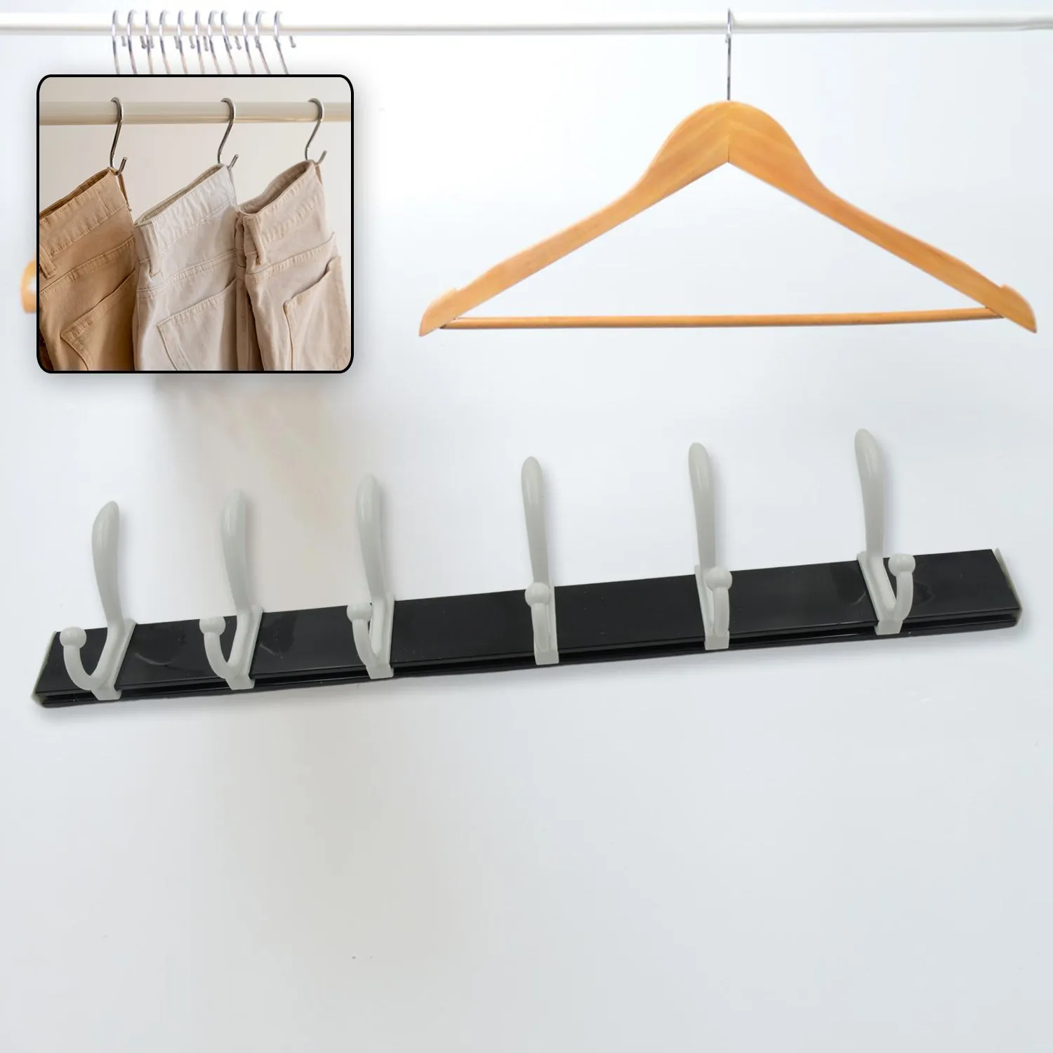 Cloth hanger, Wall Door Hooks Rail for Hanging Clothes for Hanging Hook Rack Rail, Extra Long Coat Hanger Wall Mount for Clothes, Jacket, Hats, 6 Hook With Eco-friendly Liquid Adhesive Glue