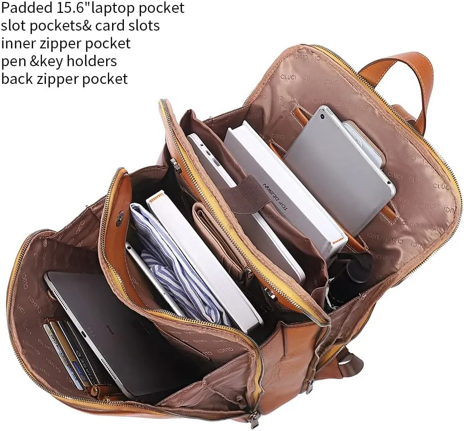 CLUCI Leather Backpack for Women 15.6 Inch Laptop Backpack Vegetable Tanned Full Grain Backpack Purse for Women Work Daypack