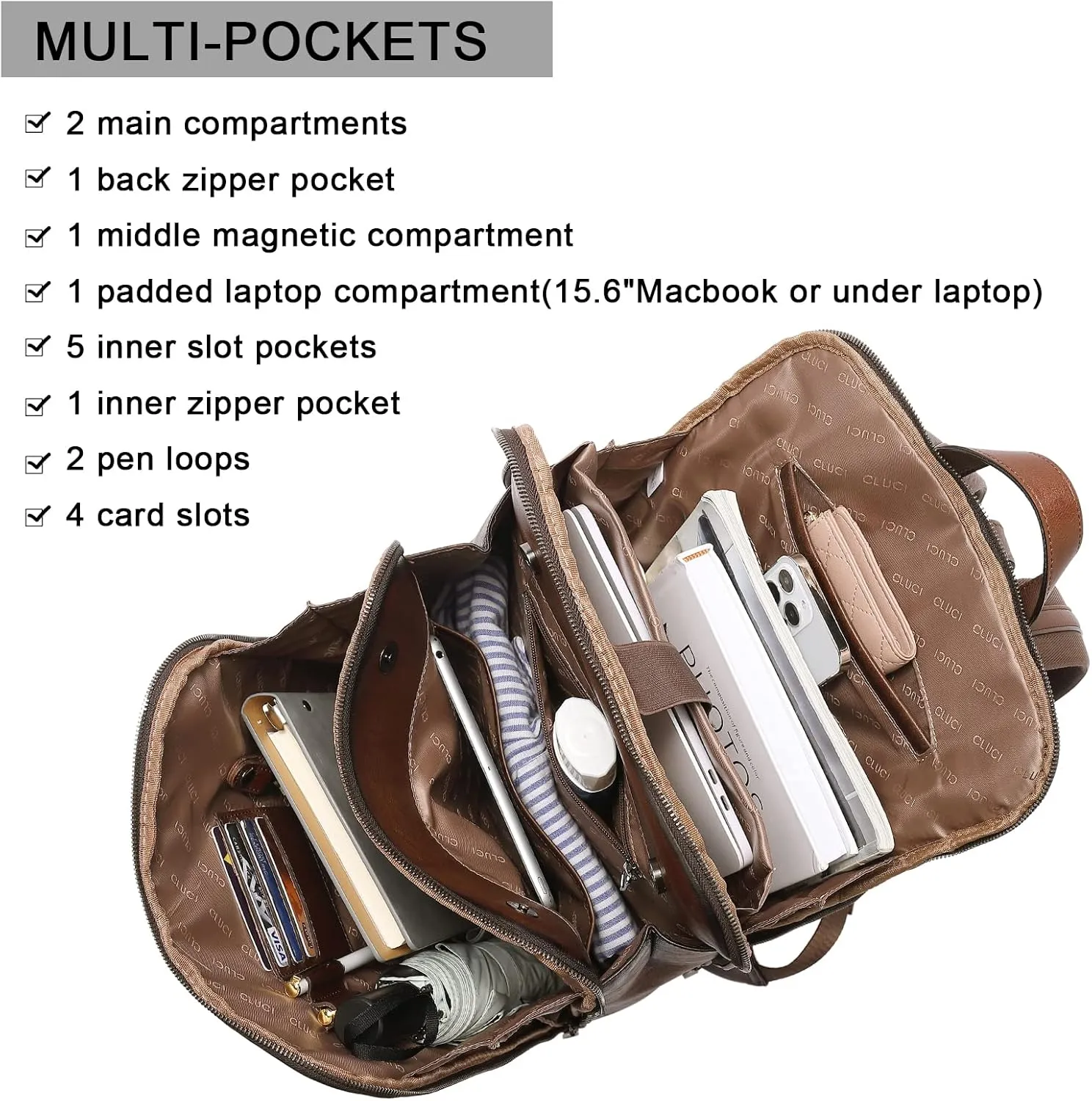 CLUCI Womens Backpack Purse Genuine Leather 15.6 Inch Laptop Vintage Travel Large Business Shoulder Bag Dark Brown