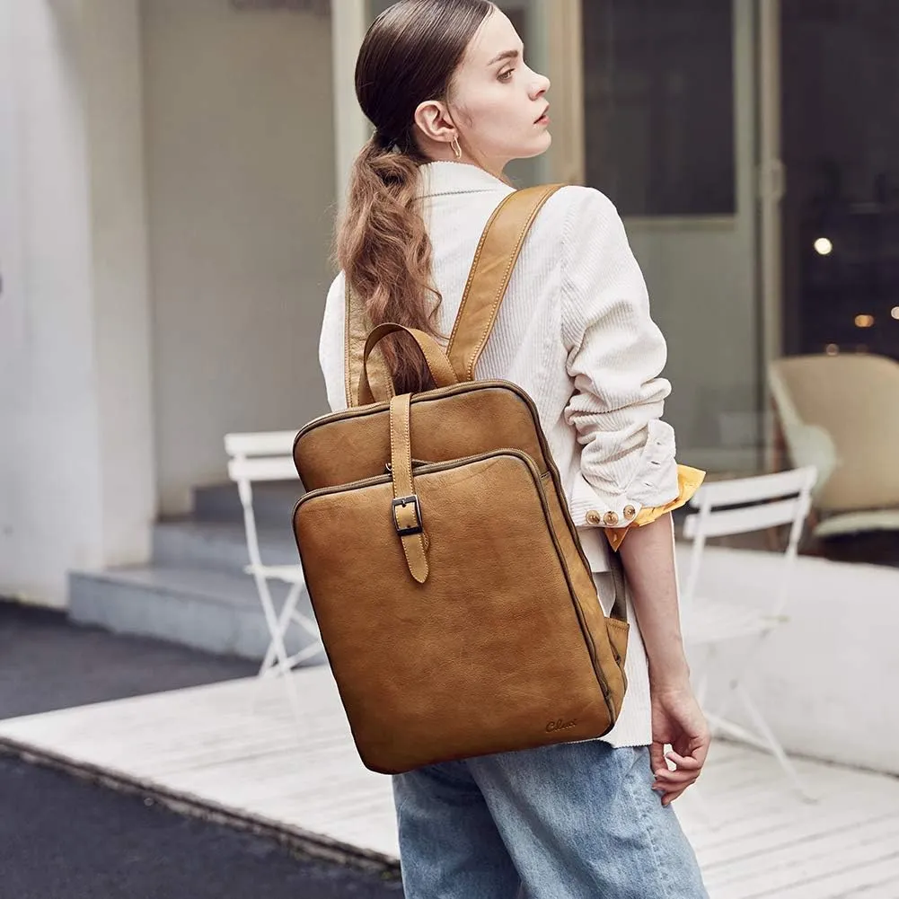 CLUCI Womens Backpack Purse Genuine Leather 15.6 Inch Laptop Vintage Travel Large Business Shoulder Bag Vintage Yellow