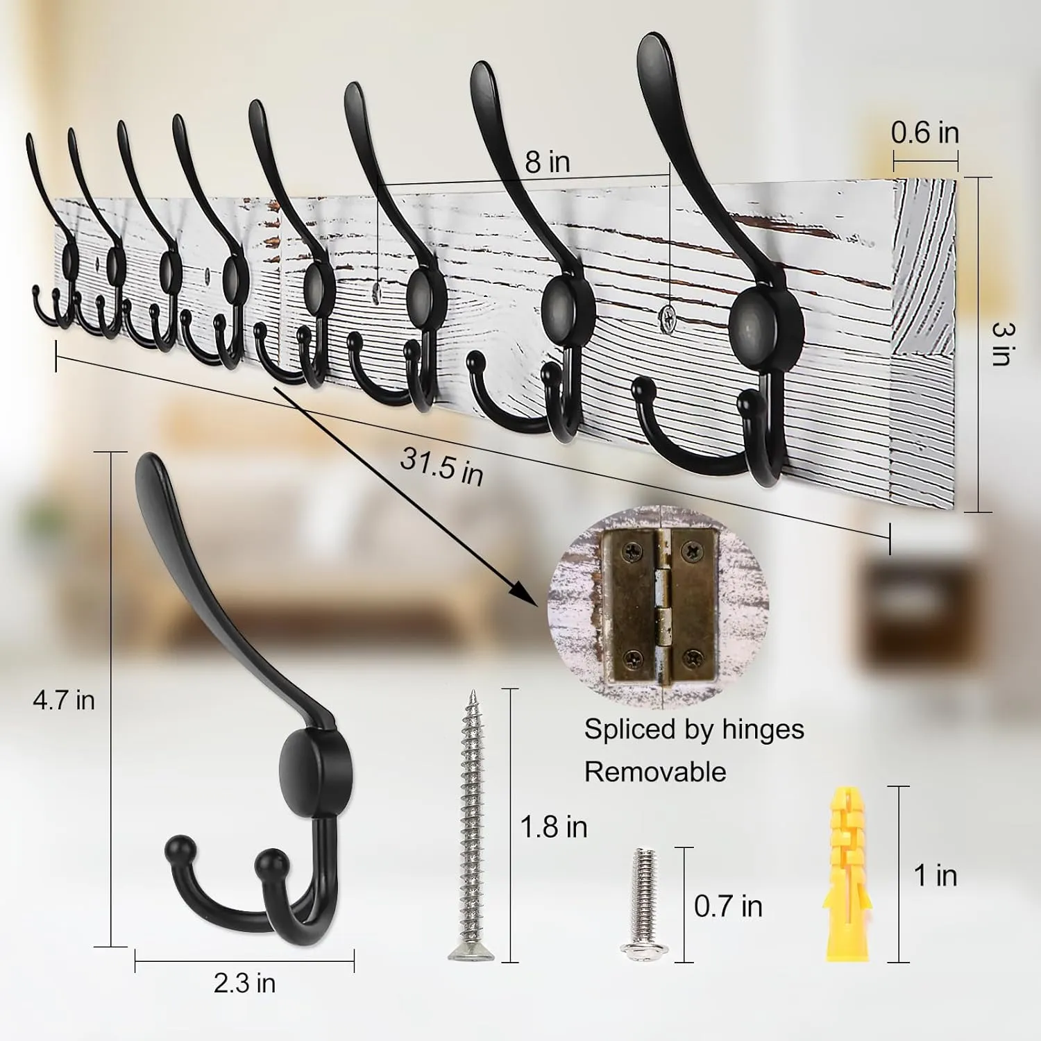 Coat Rack Wall Mount 31.5'' Coat Hanger Wall Mount Old White Coat Hooks for Wall Rustic Towel Racks for Bathroom Living Room Coat Hats Clothes