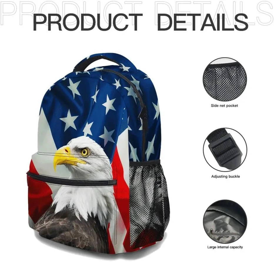 Colorful American Flag Backpack, Lightweight Durable Laptop Bag 3D Printed Daypack with Multiple Pockets, Stylish Shoulders Backpack(American Flag & Eagle)