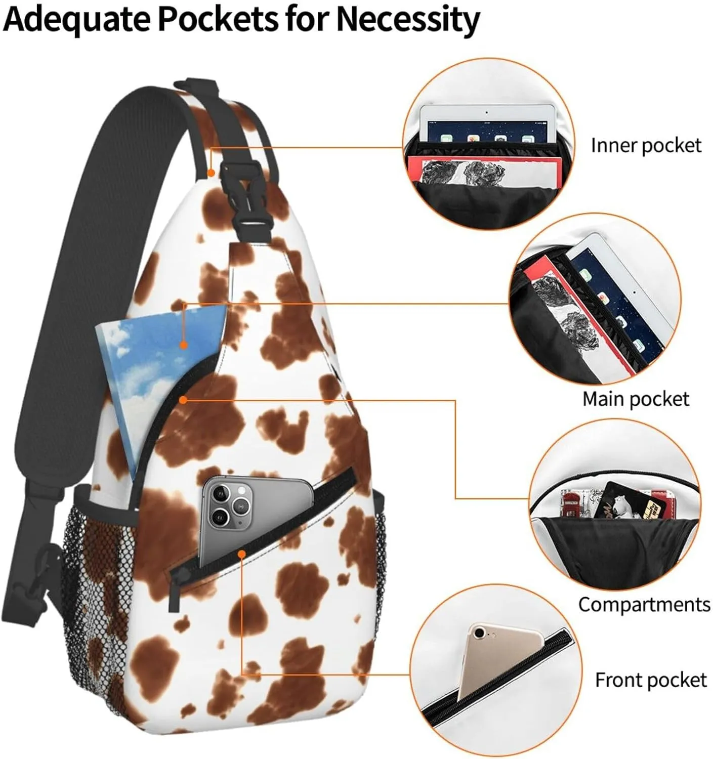 Colorful Cow Pattern Sling Bag Casual Chest Bags Adjustable Crossbody Bag Shoulder Backpack For Travel Hiking
