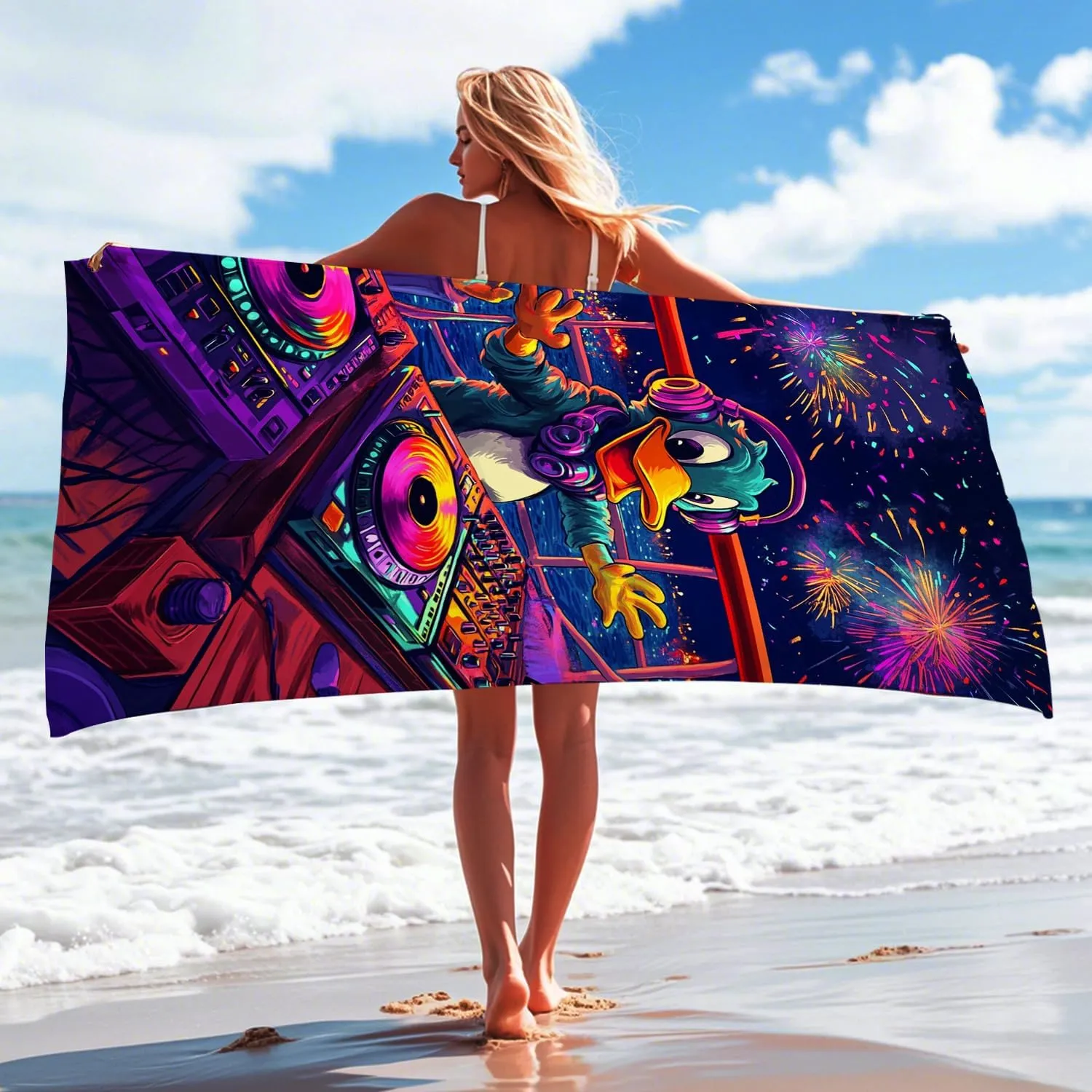 Colorful DJ Duck Beach Towel Fun Cartoon Design Microfiber Soft Quick Dry Sand Free Lightweight for Beach Pool Picnic Travel Essentials 70x35 Inch