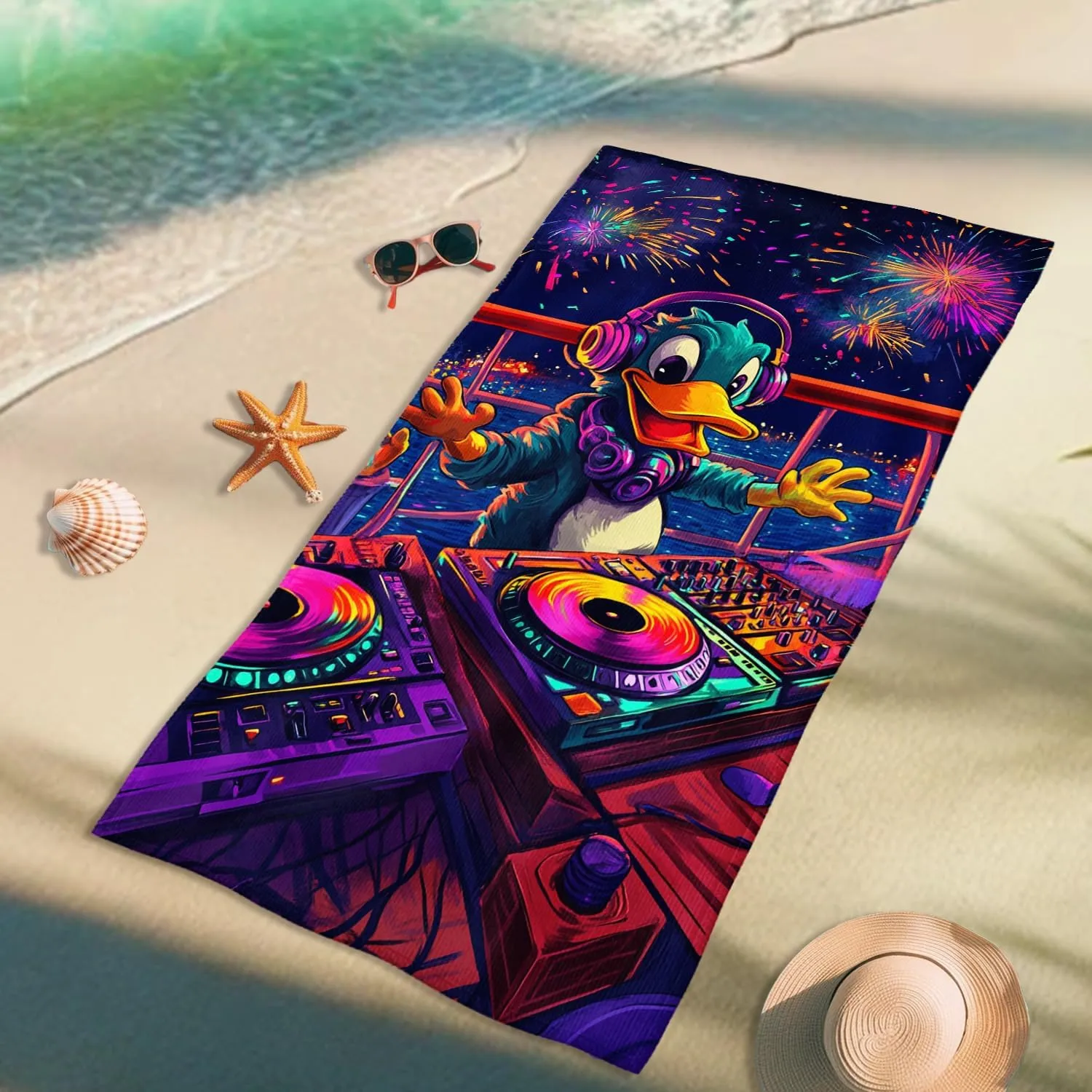 Colorful DJ Duck Beach Towel Fun Cartoon Design Microfiber Soft Quick Dry Sand Free Lightweight for Beach Pool Picnic Travel Essentials 70x35 Inch