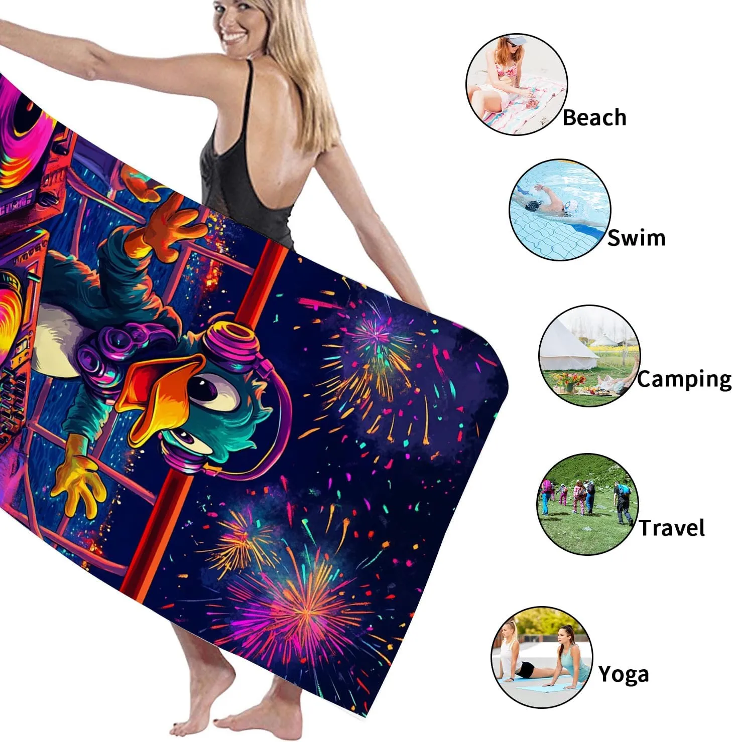 Colorful DJ Duck Beach Towel Fun Cartoon Design Microfiber Soft Quick Dry Sand Free Lightweight for Beach Pool Picnic Travel Essentials 70x35 Inch
