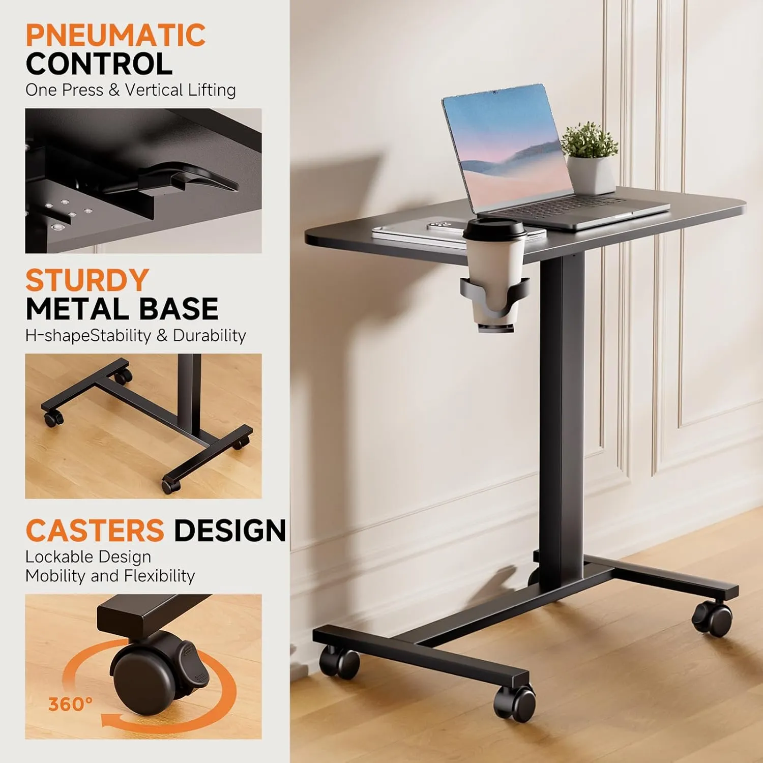 COMHOMA Adjustable Overbed Bedside Table with Lockable Wheels, Pneumatic Mobile Standing Laptop Desk, Small Standing Desk Portable Rolling Overbed Table Hospital Home Use(28" W x 16" D, Black)
