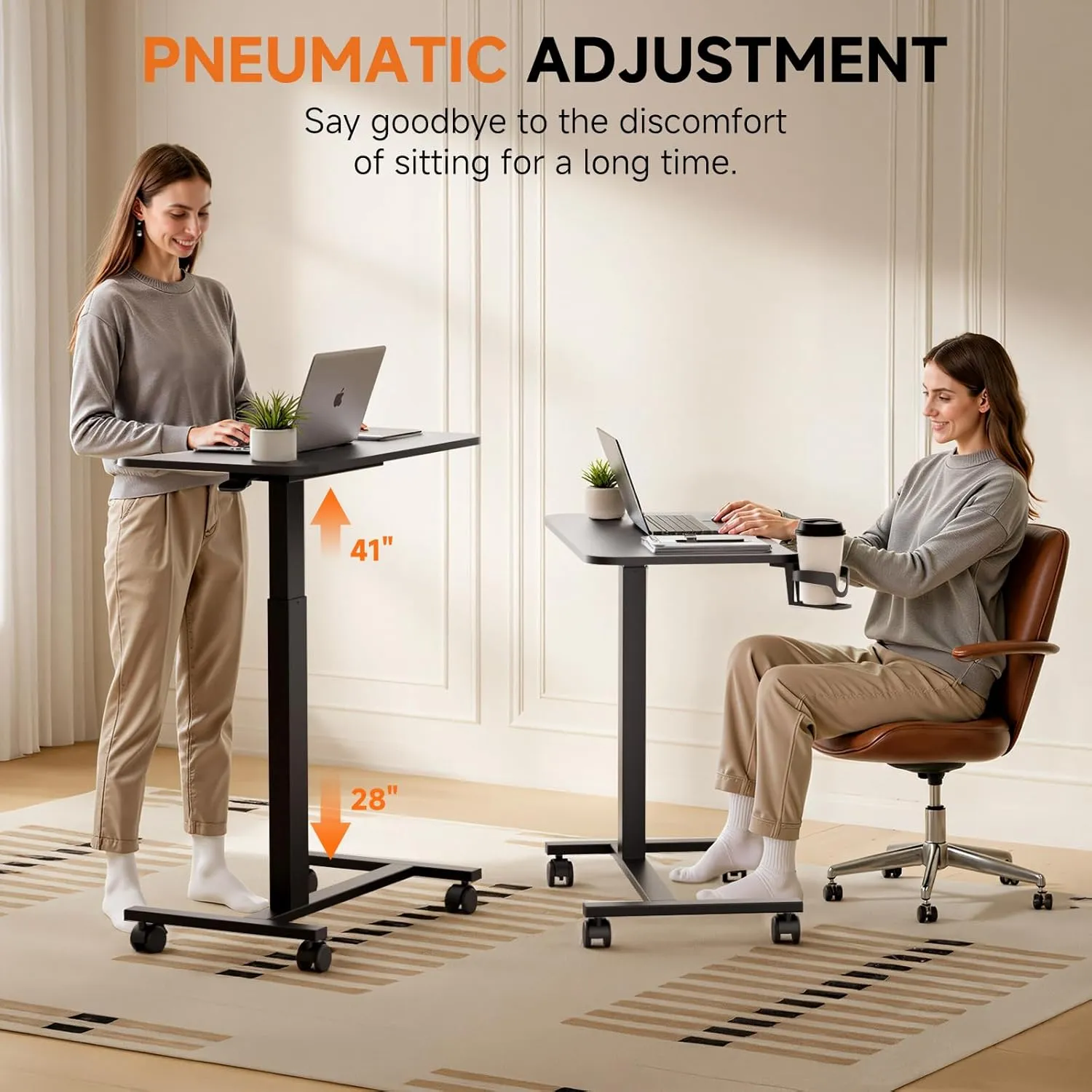 COMHOMA Adjustable Overbed Bedside Table with Lockable Wheels, Pneumatic Mobile Standing Laptop Desk, Small Standing Desk Portable Rolling Overbed Table Hospital Home Use(28" W x 16" D, Black)