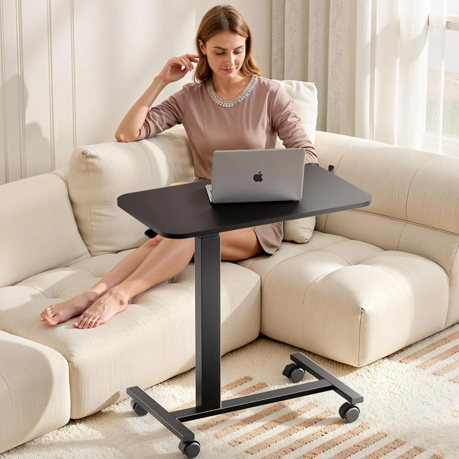 COMHOMA Adjustable Overbed Bedside Table with Lockable Wheels, Pneumatic Mobile Standing Laptop Desk, Small Standing Desk Portable Rolling Overbed Table Hospital Home Use(28" W x 16" D, Black)