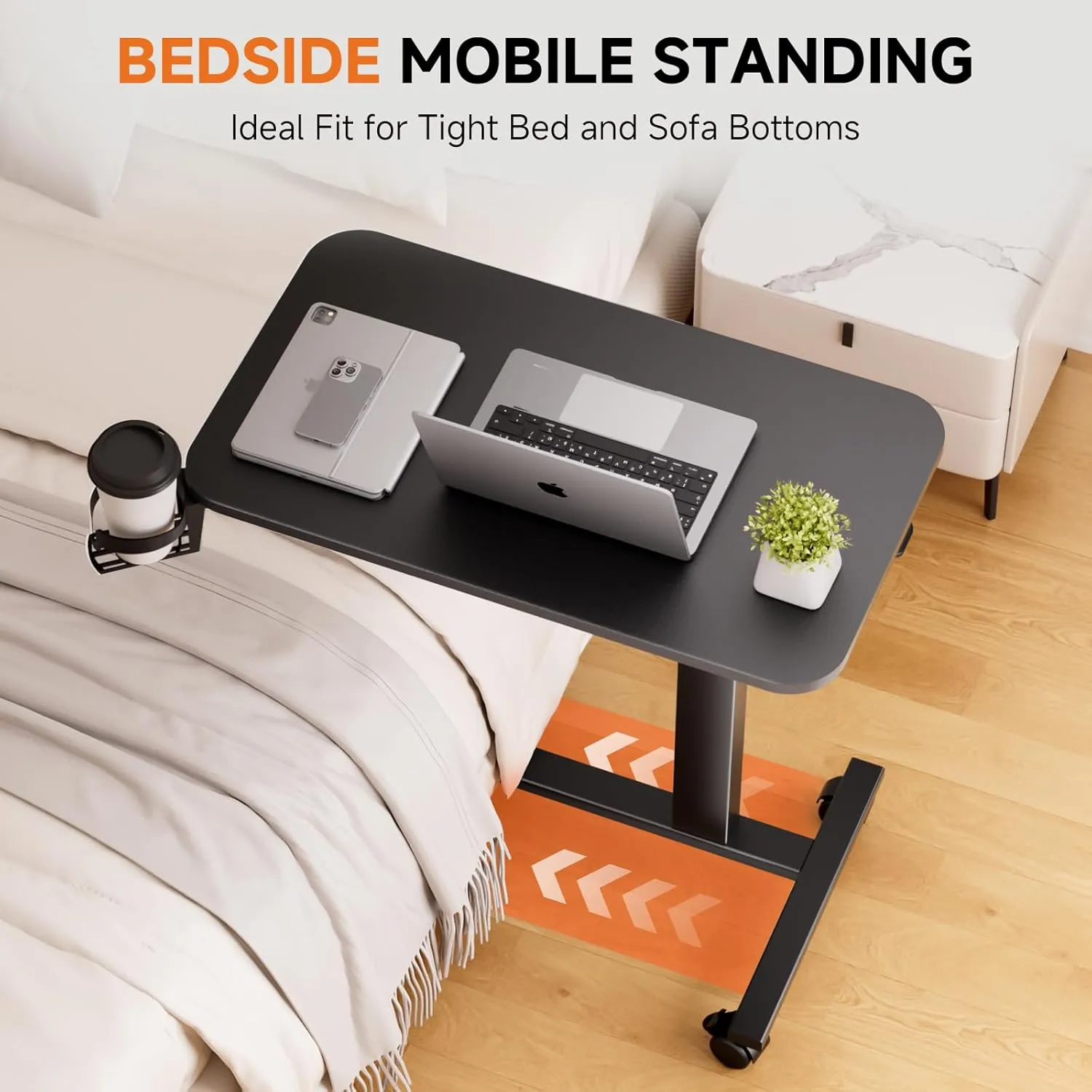 COMHOMA Adjustable Overbed Bedside Table with Lockable Wheels, Pneumatic Mobile Standing Laptop Desk, Small Standing Desk Portable Rolling Overbed Table Hospital Home Use(28" W x 16" D, Black)