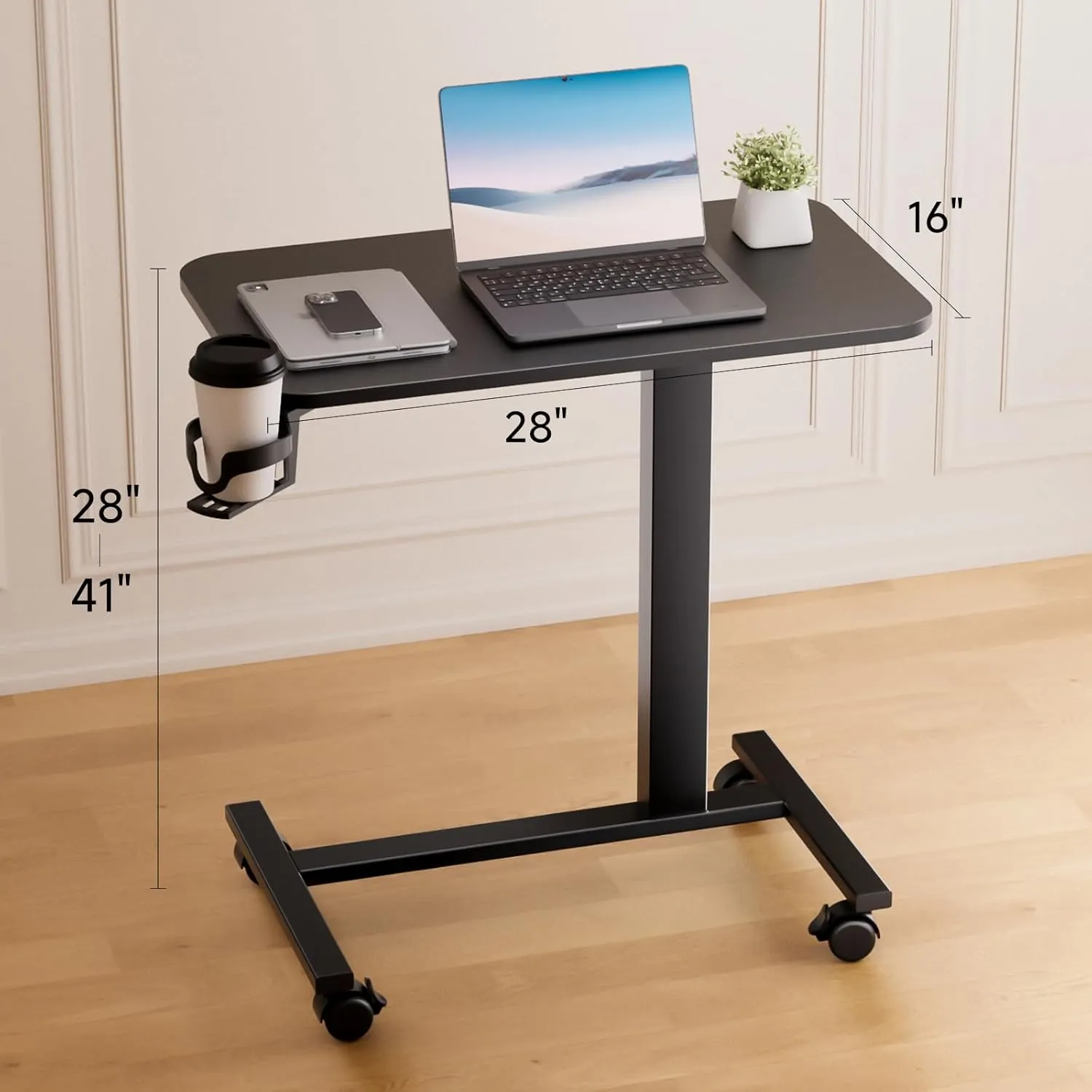 COMHOMA Adjustable Overbed Bedside Table with Lockable Wheels, Pneumatic Mobile Standing Laptop Desk, Small Standing Desk Portable Rolling Overbed Table Hospital Home Use(28" W x 16" D, Black)