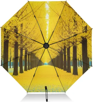 Compact Umbrella, Umbrella for Rain and Wind, Automatic Open/close, Compact Size for Women Backpacks/Handbags, Golden Ginkgo Trees
