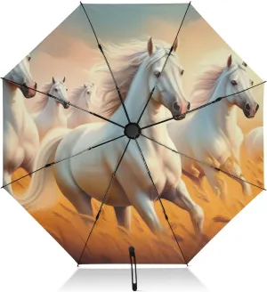 Compact Umbrella, Windproof Travel Umbrella, Automatic Open/close, Compact Size for Women Backpacks/Handbags, White Horses Running