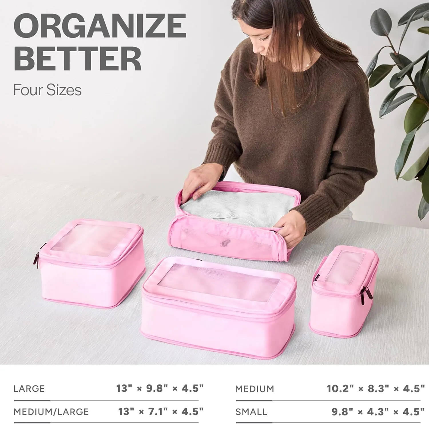 Compression Packing Cubes for Travel - Luggage Organizer Bags - Double Zipper Packing Cubes for Suitcases (4-Pack, Pink)