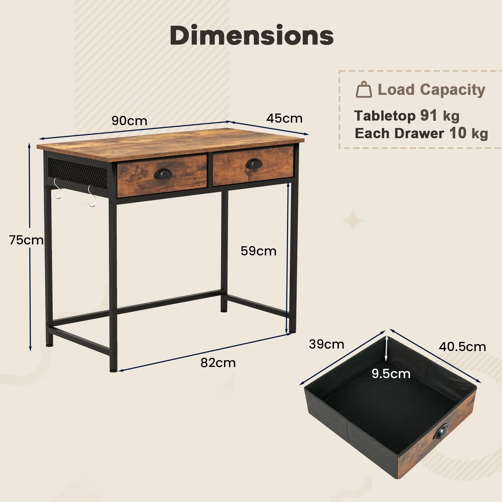 Computer Desk Home Office Desk w/ 2 Fabric Drawers 4 Hanging Hooks Metal Frame