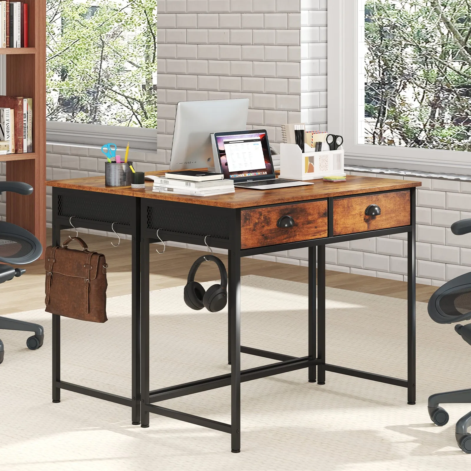 Computer Desk Home Office Desk w/ 2 Fabric Drawers 4 Hanging Hooks Metal Frame