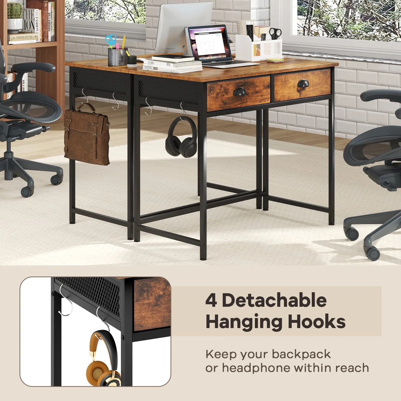 Computer Desk Home Office Desk w/ 2 Fabric Drawers 4 Hanging Hooks Metal Frame