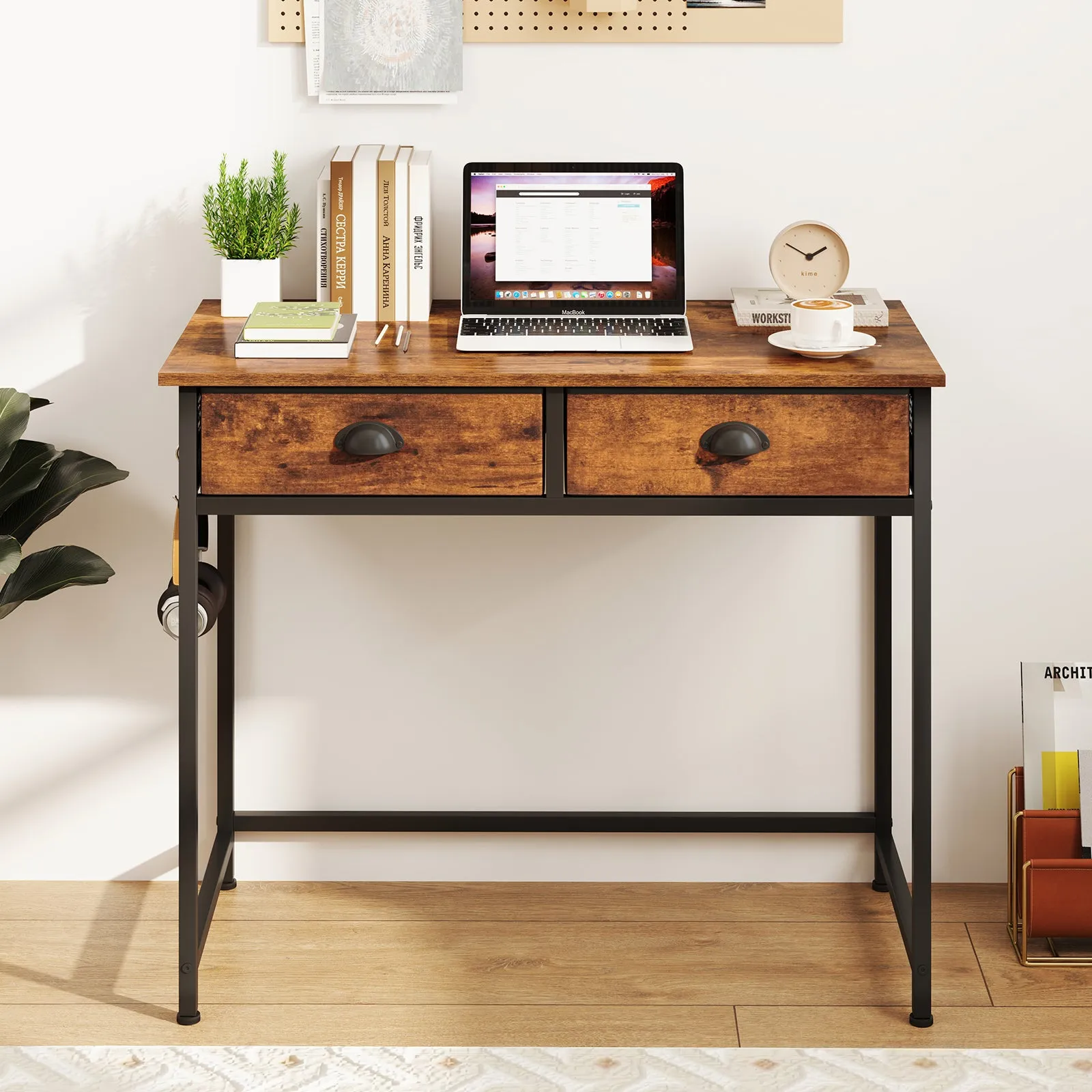 Computer Desk Home Office Desk w/ 2 Fabric Drawers 4 Hanging Hooks Metal Frame