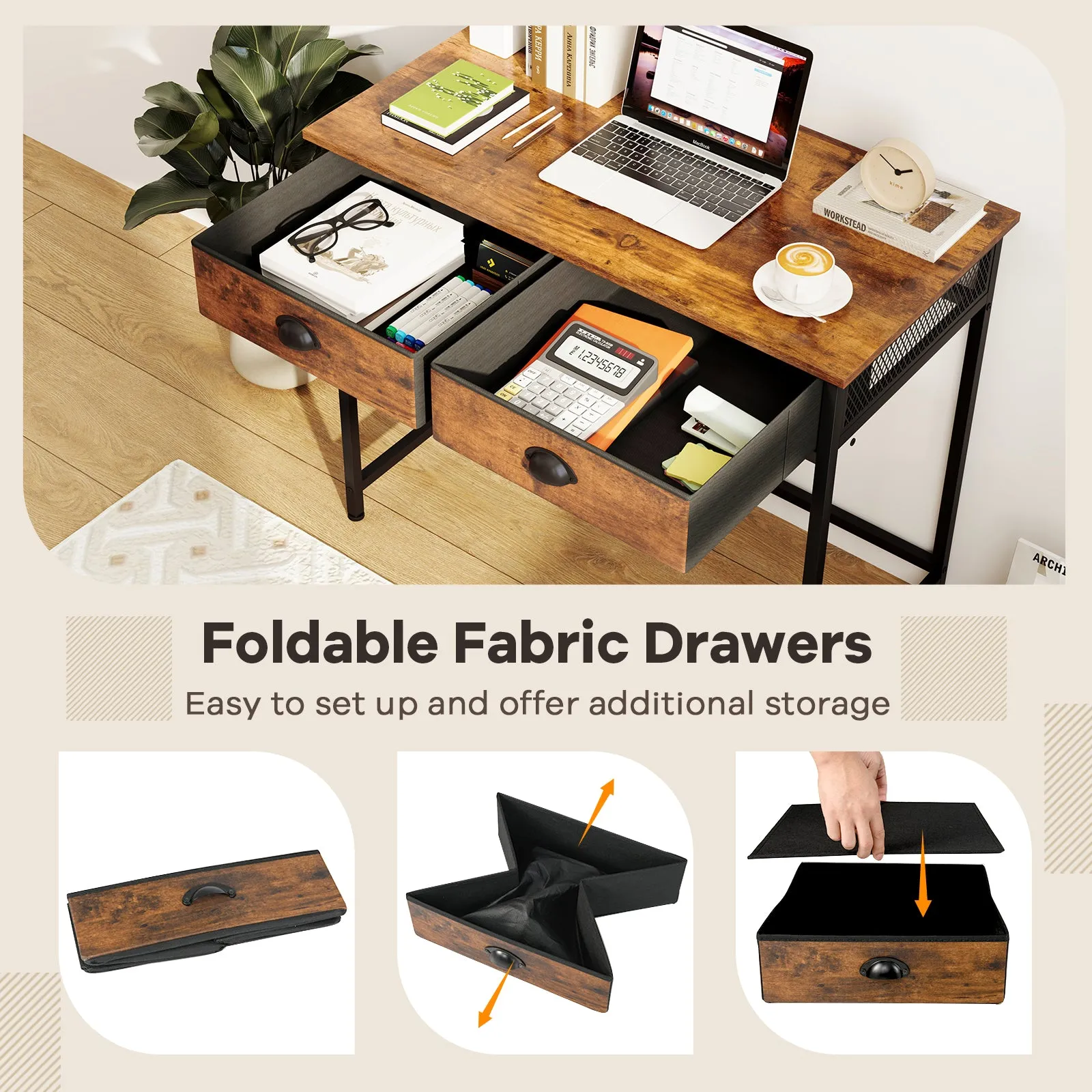 Computer Desk Home Office Desk w/ 2 Fabric Drawers 4 Hanging Hooks Metal Frame