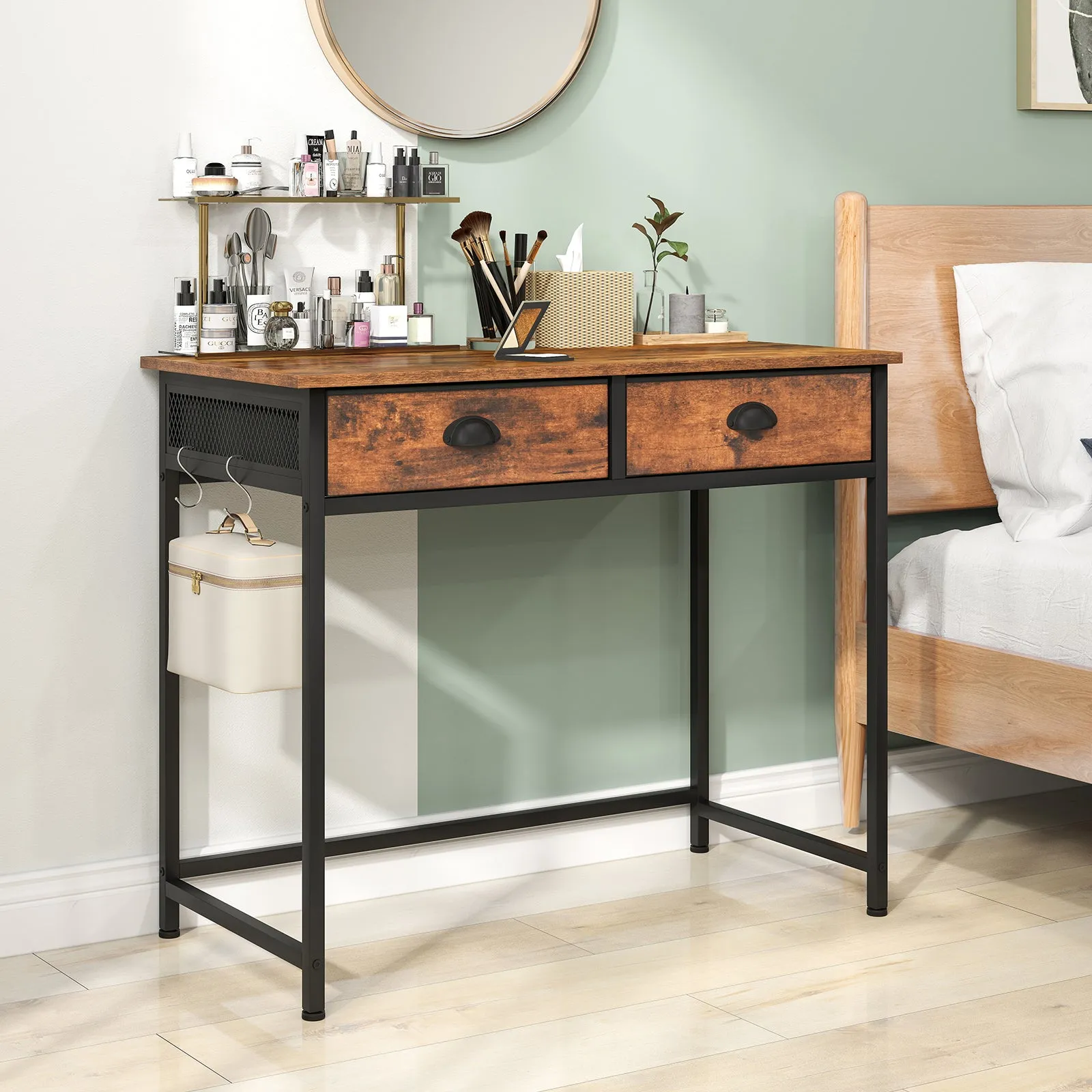 Computer Desk Home Office Desk w/ 2 Fabric Drawers 4 Hanging Hooks Metal Frame