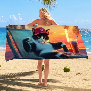 Cool Cat Microfiber Beach Towel Tropical Sunset Design, Quick Dry Absorbent Sand Free Lightweight Beach Blanket, Summer Pool Picnic Essentials 62x31 Inch