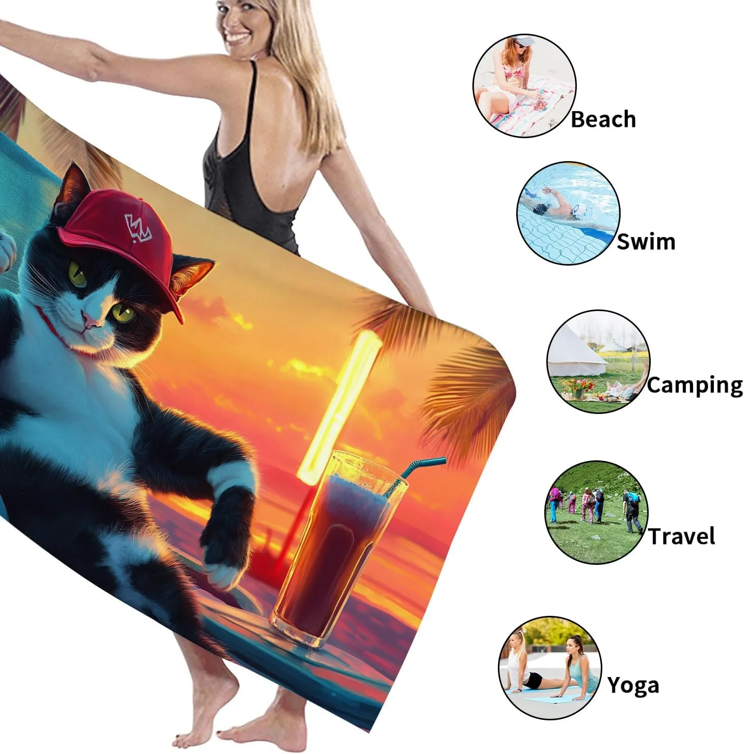 Cool Cat Microfiber Beach Towel Tropical Sunset Design, Quick Dry Absorbent Sand Free Lightweight Beach Blanket, Summer Pool Picnic Essentials 62x31 Inch