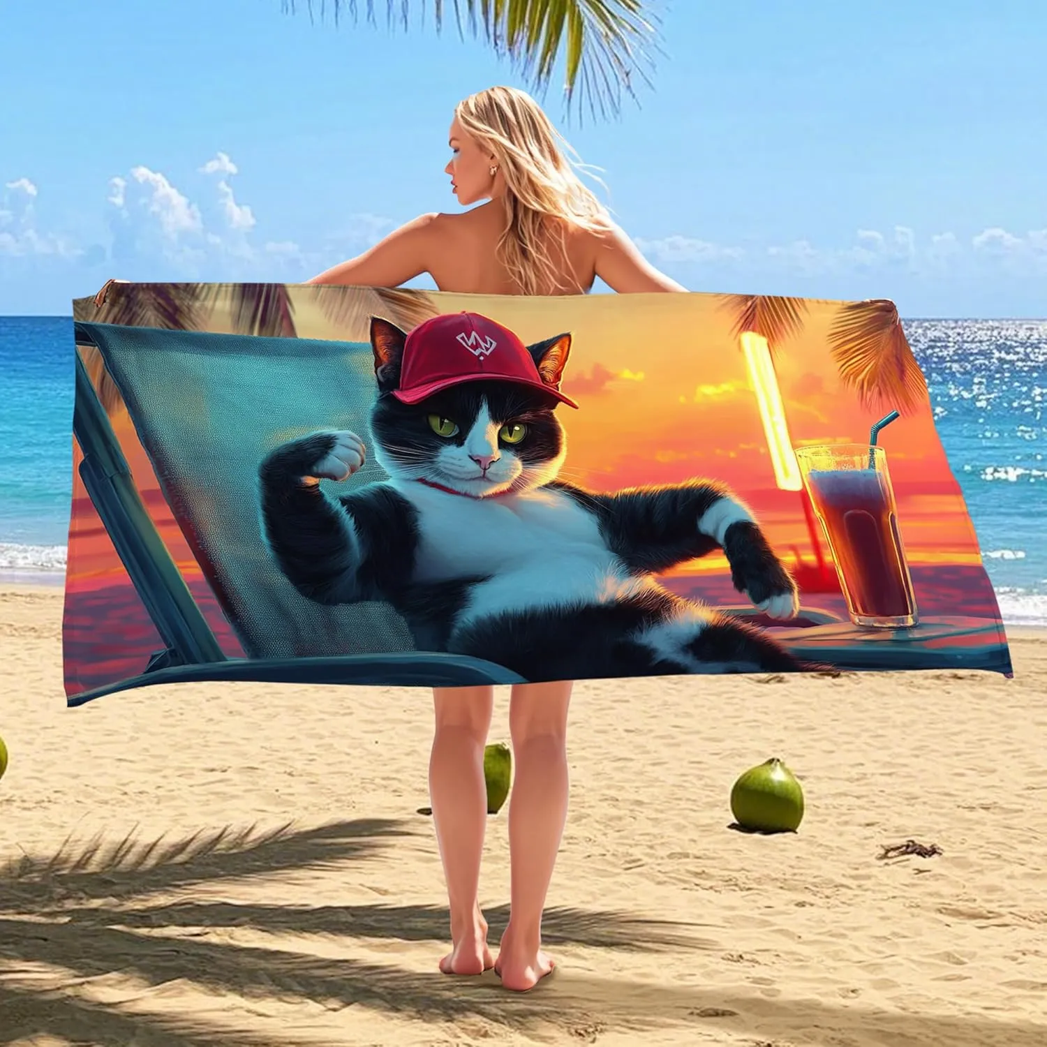 Cool Cat Microfiber Beach Towel Tropical Sunset Design, Quick Dry Absorbent Sand Free Lightweight Beach Blanket, Summer Pool Picnic Essentials 62x31 Inch