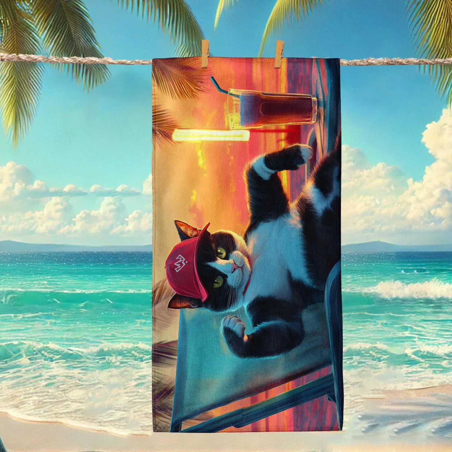 Cool Cat Microfiber Beach Towel Tropical Sunset Design, Quick Dry Absorbent Sand Free Lightweight Beach Blanket, Summer Pool Picnic Essentials 62x31 Inch